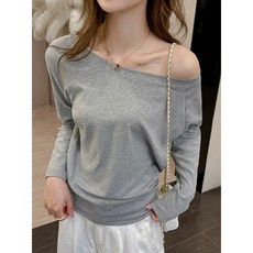 Cavensi 夏秋斜肩長袖露肩上衣女，一字領素色上衣，大尺碼長袖女, 【長袖】高級花灰,1XL（建議68-75公斤）