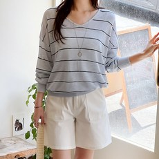 데일리앤 레넌 봄 여름 브이넥 시스루 스트라이프 루즈핏 니트 살안타템 휴양지룩