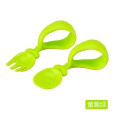 寶寶學吃飯訓練勺子彎頭短柄嬰幼兒輔食叉勺套裝兒童自主進食餐具, 綠色, 1個