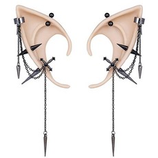 FRESHME 실버 피어싱이 달린 요정 엘프 귀 2쌍 - 고딕 엘프 이어 커프 스컬 로즈 크로스 스터드 스털링 귀걸이 메탈 실버 보석 없음, 고딕 엘프 이어 커프 - 블랙