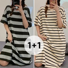WAIJER 1+1 여성 여름 원피스 잠옷 반팔 빅사이즈 오버핏 홈웨어 파자마