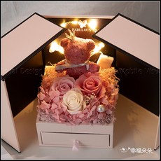 現貨 花環燈小熊永生花禮盒 雙開抽屜禮盒 附贈提袋 生日禮物 情人節禮物 送女友禮物 告白 求婚禮物 母親節禮品, 1個, 花環燈小熊永生花禮盒(附提袋)+藍色項鍊, 藍色