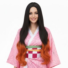 [파티팡] 카마도 네즈코풍 오렌지 코스프레 가발 귀멸풍 캐릭터 스타일 파티용 헤어, 1개