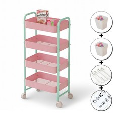 메종리케 철제 이동식 트롤리 서랍장 정리함 수납 주방 선반 이동용 수납장 다용도, 4단, 핑크+민트그린