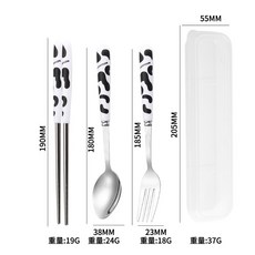 兒童不銹鋼餐具三件套 勺子叉子筷子 卡通可愛 小學生餐具 禮品套裝, 1個, 餐具三件套-黑奶牛
