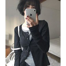 플레이스 스튜디오 PLACE STUDIO 버튼업 단가라 레이어드 슬림 핏 롱슬리브 올데이 가디건 티셔츠 블랙
