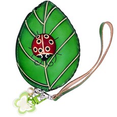 FUSMYE 소가죽 무당벌레 지갑 나뭇잎 동전 파우치 탈착식 손목 스트랩 자연 애호가 소녀 어린이를 위한 참신한 크리스마스 선물 휴대용 귀여운 소형 보관 가방 지퍼 팔찌