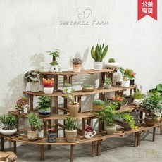 實木轉角花架多層階梯落地式多肉綠植陽臺餐廳室外木質花盆架層架 置物架 花架, 四層直角復古色,大