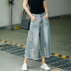 간절기 하이웨스트 7부 와이드 팬츠 여성 찢어진 청바지 빈티지 캐주얼 데님바지