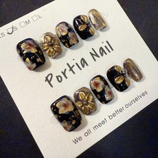 純手工穿戴甲 手工美甲片 日系黑金短甲 立體雕花金箔 復古老錢風 黑目繁華 新短方15mm, 1個, GN15 黑目繁華 (新短方15mm,M