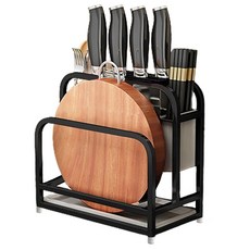 不鏽鋼多功能刀具砧板架，廚房收納架，刀具砧板筷子一體收納，瀝水防霉，節省空間, 1組, WD8B 烤漆黑色