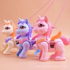 【臺灣出貨】電動牽繩獨角獸 獨角獸玩具 牽繩玩具 燈光音樂玩具 走路小馬玩具 彩虹小馬玩具 兒童益智玩具, 1個, 小马蓝色,电池款