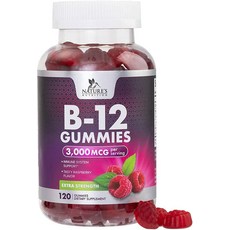 Nature's NutritiON 온 네이쳐스뉴트리션 비타민 B12 젤리 3000mcg 고흡수 B-12 에너지 및 체계 비타민 비건 젤리 천연 라즈베리 맛 성인 아동, 120 Count (Pack of 1), 120정, 1개