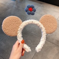 【】羊羔毛彩色髮箍少女可愛搞怪寬邊壓髮洗漱毛絨太陽花洗臉頭飾髮卡 QD7F, F021-5#卡其耳朵深藍花, 1個