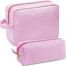 Sanwuta 2피스 메이크업 가방 세트 시어서커 화장품 여성용 귀여운 스트라이프 여행 세면도구 정리함 미적 프레피 보관 파우치 여아용 결혼식 신부 들러리 발렌타인 데이 선물, Sanwuta 2피스 메이크업 가방 세트 시어서커 화장