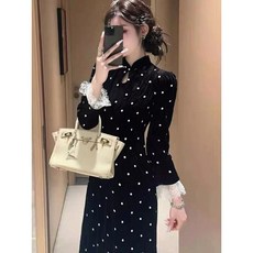 圖圓圓優選 新中式改良旗袍名媛赫本風波點連衣裙S 3XL, 黑色,M, 1個