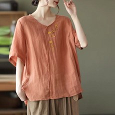 ORZQU 여름 여성 루즈핏 캐주얼 패션 트렌디한복 개량한복 숏 슬림 티셔츠 반팔 브이넥 자수 코디 상의