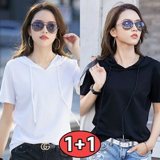 1+1 여성 무지 후드 반팔 티셔츠 캐주얼 여름 패션 데일리룩 맨투맨 스트링 블랙+화이트 세트 빅사이즈 레이어드 티