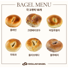 1달러 수제화덕베이글6종류3개씩 플레인 크랜베리호두 블루베리 등 총 18개 구성, 120g