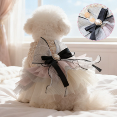 강아지 펄 리본 튤 드레스 체크 패턴 비숑/말티즈 웨딩 파티 의상, 1개, Beige