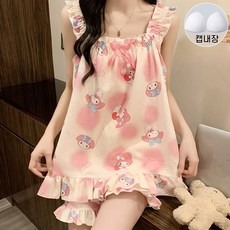 Belua 여성 여름 나시 잠옷 홈웨어 캡내장 귀여운 프릴 상의 반바지 파자마 세트