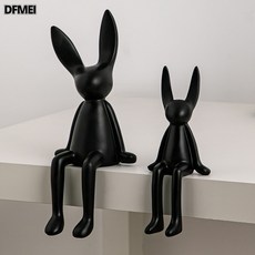 DFMEI 馬卡龍創意卡通坐姿擺件高檔輕奢客廳電視櫃酒櫃玄關裝飾品, 黑色長耳兔套裝