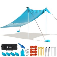 VILLEY 5인용 휴대용 차양막 해변 텐트 자외선 차단 부속품 포함 조립 편리 피크닉 캠핑 정원 마당 야외행사 비치 차박 수영장, 블루