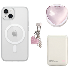 맥세이프 케이스 + 카드지갑 홀더 + 하트 크리스탈 스마트톡 그립톡 + 귀여운 키링 4종 올인원 세트