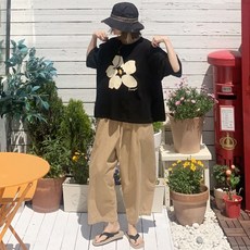 오버핏 여름 여성 애플망고릴리꽃 반팔 티셔츠 빅사이즈 박스티