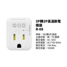 日亞 多孔壁插 USB充電孔 Type-C快充 PD QC 充電頭 快充頭 RY19, 1個, 3P轉2P高溫斷電插座 R-08