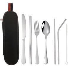 여행용 커틀러리 세트 8개 휴대용 스테인리스 스틸 캠핑 재사용 가능 가방 포함 젓가락 숟가락 포크 세척 브러시 스트로 실버