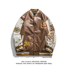 Dee studios차오 브랜드 편지 자수 학생PU가죽 코트 야구 재킷 남녀 봄 캐주얼 코트