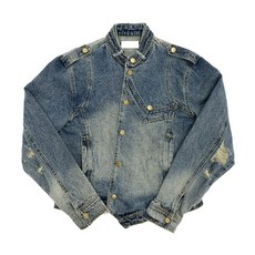 사선 비대칭 화이트 데님 자켓 찢어진 빈티지 절개 오버핏 자켓