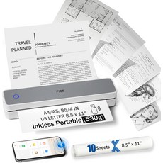 PRT 잉크리스 휴대용 프린터 여행용 무선 열 지원 8.5x11 미국 편지 및 A4 B5 가정용 자동차 사무실 학교용 iOS 안드로이드 노트북이 탑재된 MT610 소형 블루투스, Grey, Portable Printer+