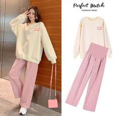 봄 가을 임산부 세트 캐주얼 임부복 기질 임부 라운드 맨투맨 + 하이웨이스트 와이드 팬츠 상하 투피스 세트 LPC