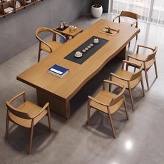 辦公室實木茶桌椅組閤：現代簡約泡茶桌、原木茶臺、一體式茶盤設計, 套裝3.0米桌+1舒美特+5廣島椅, 1個