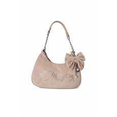 Juicy Couture Never A Dull Moment 숄더백 라인스톤 로고가 있는 벨벳 리본 참이 체인 스트랩 사암 쥬시꾸뛰르 265028