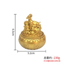 黃銅迷你茶壺 龍鳳雕刻 手把玩轉轉壺 麻將小物 工藝品 招財擺飾 辦公室桌面裝飾+【生肖羊】聚寶盆轉轉擺件