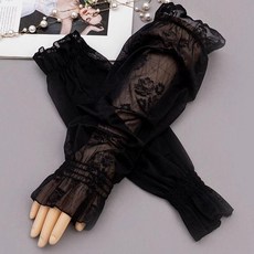 新品 冰絲防曬袖套女蕾絲泡泡袖加肥加大開車騎行冰袖手臂薄款 副廠商品, 1個, 黑色,XL號75.0-105.0公斤, 黑色
