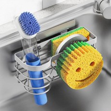 136910 Cisily 그레이 스마일리 스폰지 홀더 주방 싱크 캐디용 스테인리스 스틸 브러시 홀더 접시 천 행거 흡착 컵 오거나이저 스크러버, 회색