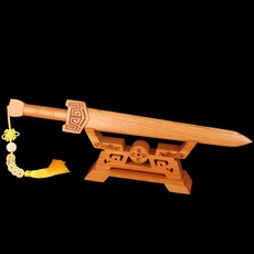 有貨桃木劍法器擺件一體無拼接虎頭劍秦長短漢劍道士劍桃木支架劍架 過爐保平安 鎮宅保平安, 回紋中號（帶底座款）, 1個