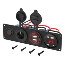 4in 1 12V USB 패널(LED 전압계 듀얼 충전 소켓 전원 및 시가 라이터 조명 토글 스위치 포함), 01 Red Color