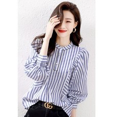 Bilrijeubin 春季女款圓領條紋襯衫上衣 Y7784