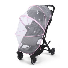 DFMEI 嬰兒車蚊帳全罩式通用寶寶推車防蚊罩兒童嬰幼兒車罩加大加密網紗, 1個, 粉色兔兔繡花款雙拉鍊黑邊黑網送防蚊扣:如圖