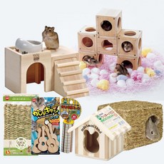 MARUKAN 小動物玩具牧草墊豪華屋 含可折疊兔窩 磨牙牧草球及玉米狀磨牙木 多功能寵物遊樂組合, 1個, HT-30鼠鼠豪華屋_小木屋