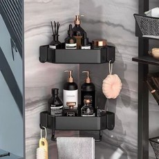 APOIO 무타공 코너형 욕실선반 2단 벽걸이 수납 선반, 블랙, 2개
