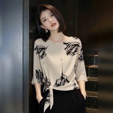 지고다그 여성 여름 쉬폰 블라우스 플라워 프린트 보트넥 7부소매 밑단매듭 루즈핏 셔츠 BYA455