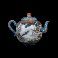 博古珍藏 清乾隆粉彩惠山煮泉觀卷圖御製詩茶壺 附錦盒 宮廷文物 老件瓷器 博物館級, 1個, 粉彩