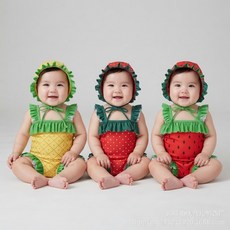 로이앤한나 귀여운 여아 여자아기 3개월 6개월 9개월 돌 신생아 여름 과일 원피스 수영복 보넷 수영모자 세트