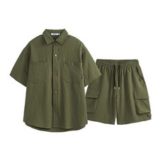 多巴胺泡泡紗襯衫短袖短褲男款套裝高級感夏季帥氣工裝兩件一整套